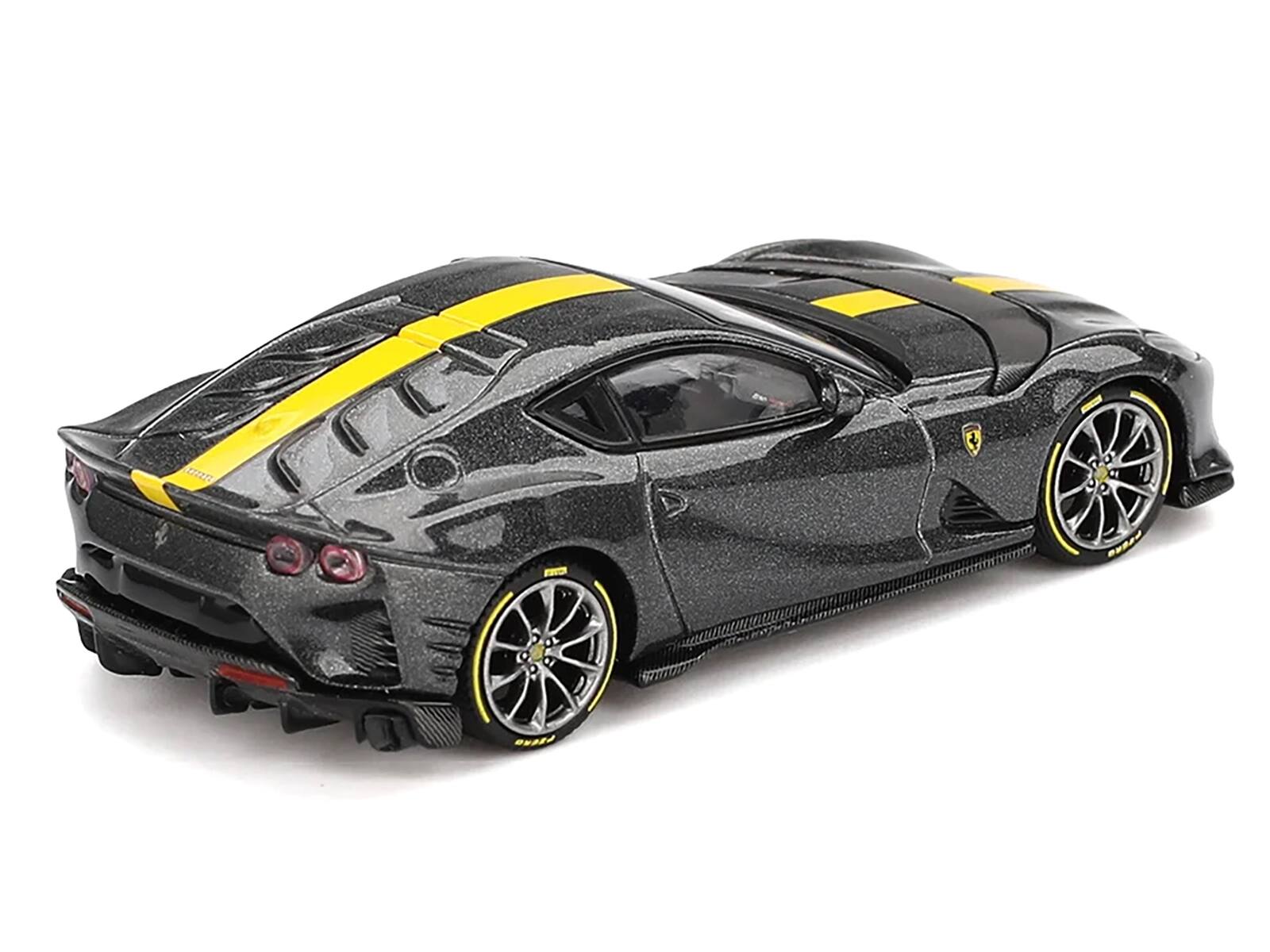 Left. BBR - Ferrari 812 Competizione Grigio Competizione Gray Metallic with Yellow Stripe 1/64 Diecast Model Car by BBR - Gray Metallic.