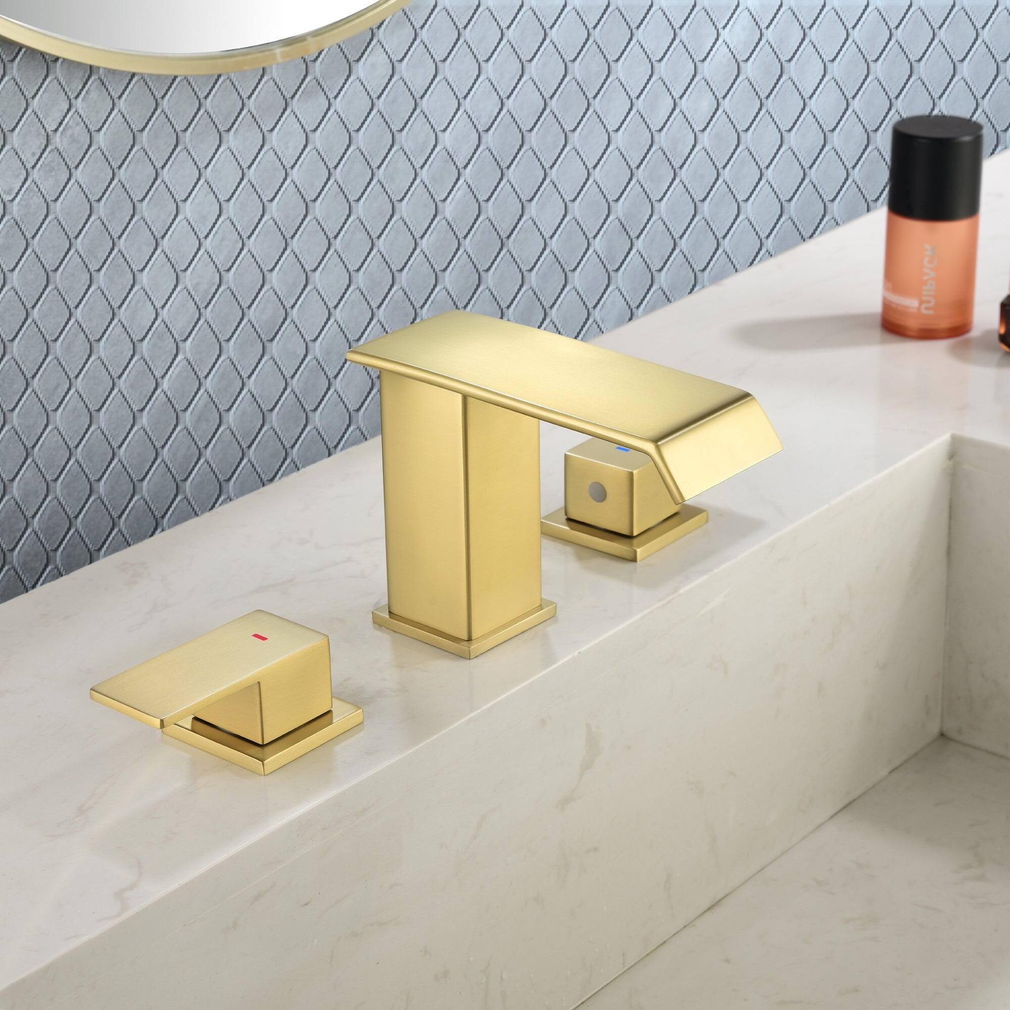 Front. Boyel Living - Brushed Gold Faucet SUS304 Waterfall Spout cUPC Quick Connect Dual Handle Pop Up Drain - Brushed Gold.