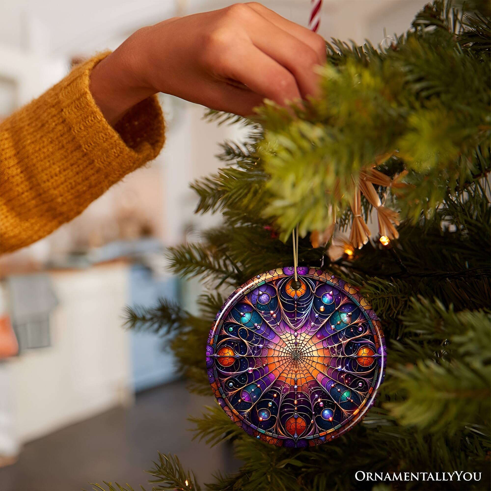 Alt View 1. OrnamentallyYou - Whispering Shadows Enchanted Cobweb Stained Glass Style Ceramic Ornament Halloween Themed Christmas - Multi-colored.