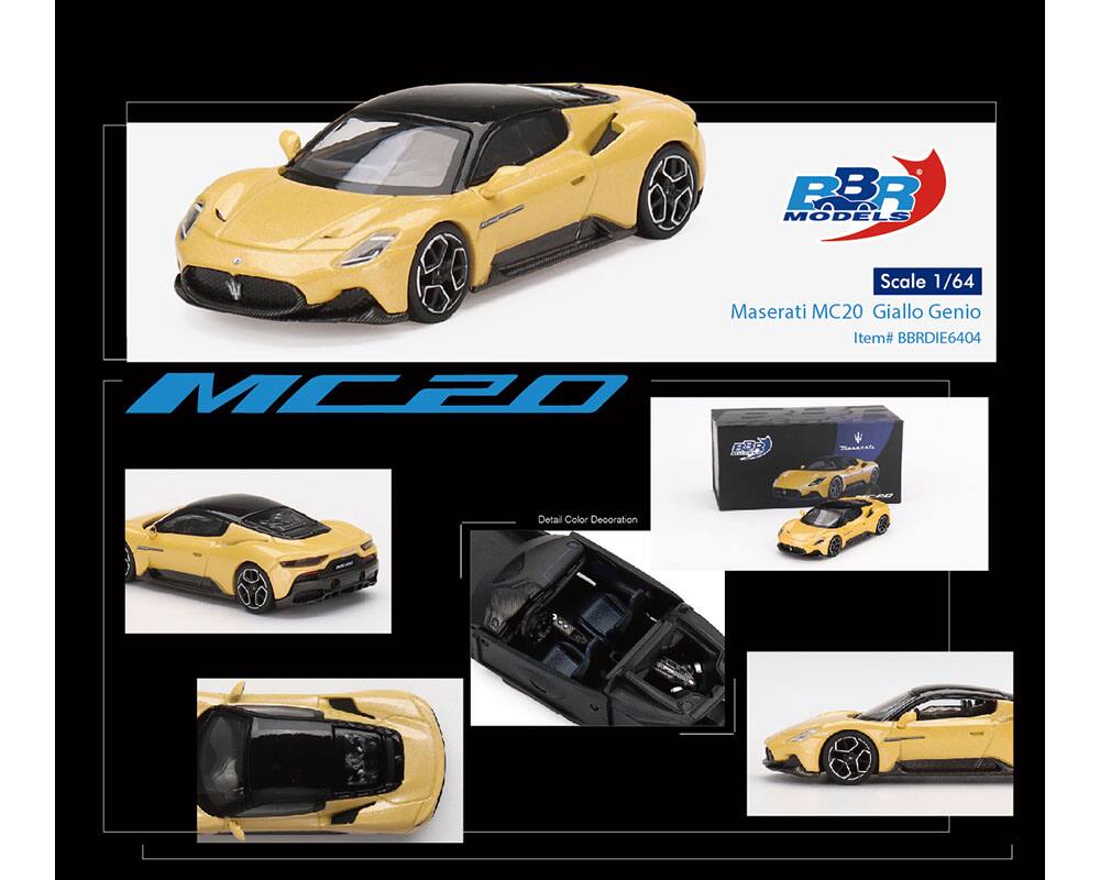 Sure, here is the corrected and grouped text from the image:

---

**Scale 1/64**

**Maserati MC20 Giallo Genio**

**Item# BBRDIE6404**

**Detail Color Decoration**

---

**RBR Models**