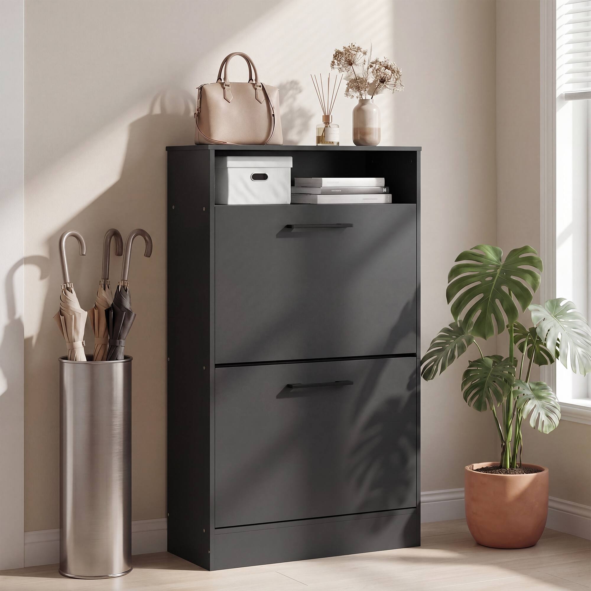 Alt View 7. Homcom - Cabinet 2 Flip Drawers Adjustable Dividers Shoe Storage Cabinet Top Shelf Entryway - Black.