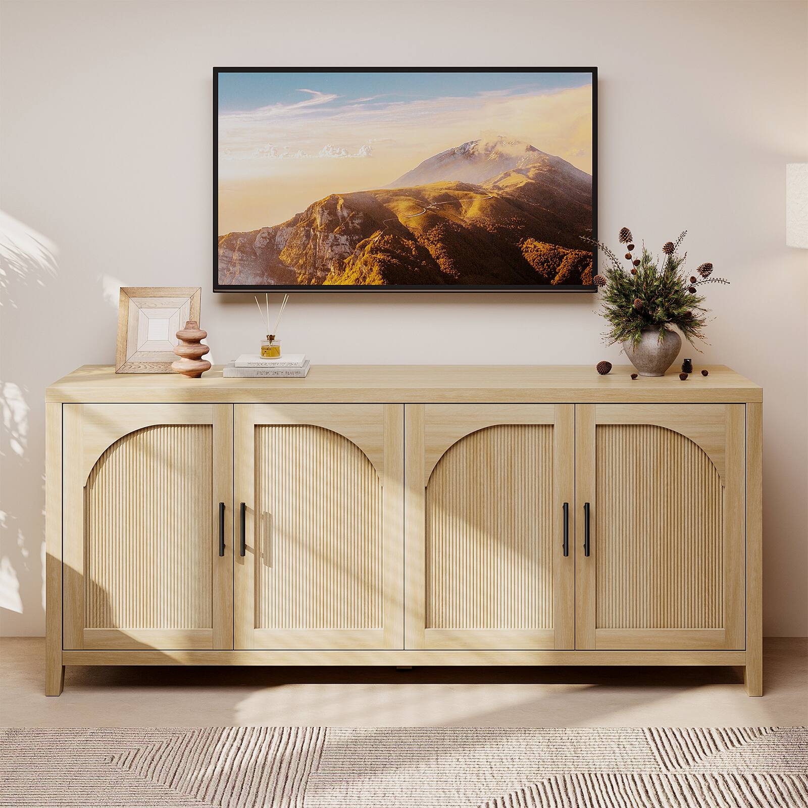 Left. Bestier - 70" Arched Farmhouse TV Console, Rustic Wood Grain Media Cabinet with 4 Doors & Ample Storage for 75" TVs - Natual Oak.