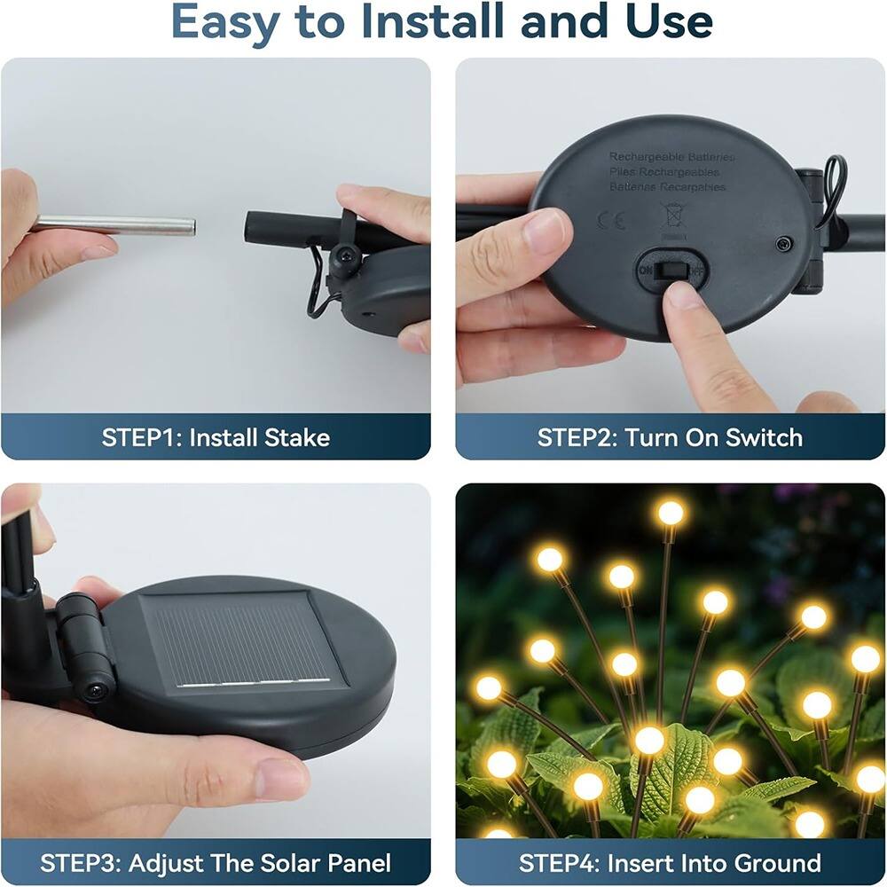 Easy to Install and Use

STEP1: Install Stake

STEP2: Turn On Switch

STEP3: Adjust The Solar Panel

STEP4: Insert Into Ground