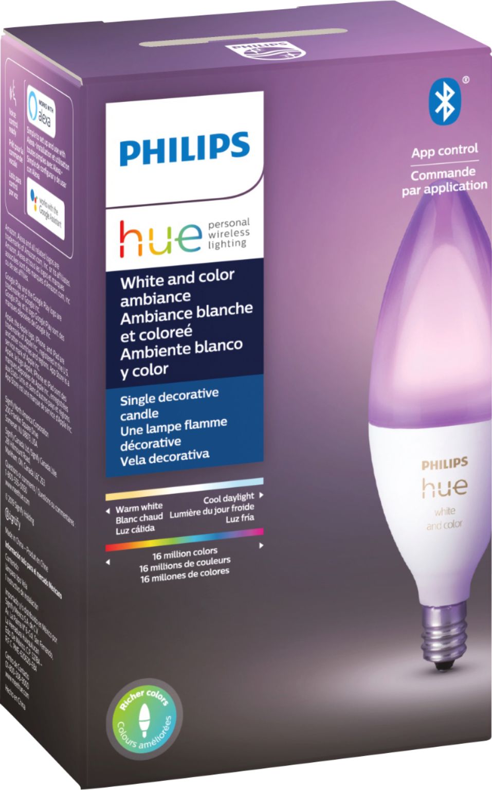 Angle View: Philips - Geek Squad Certified Refurbished Hue E12 Smart LED Bulb - White and Color Ambiance