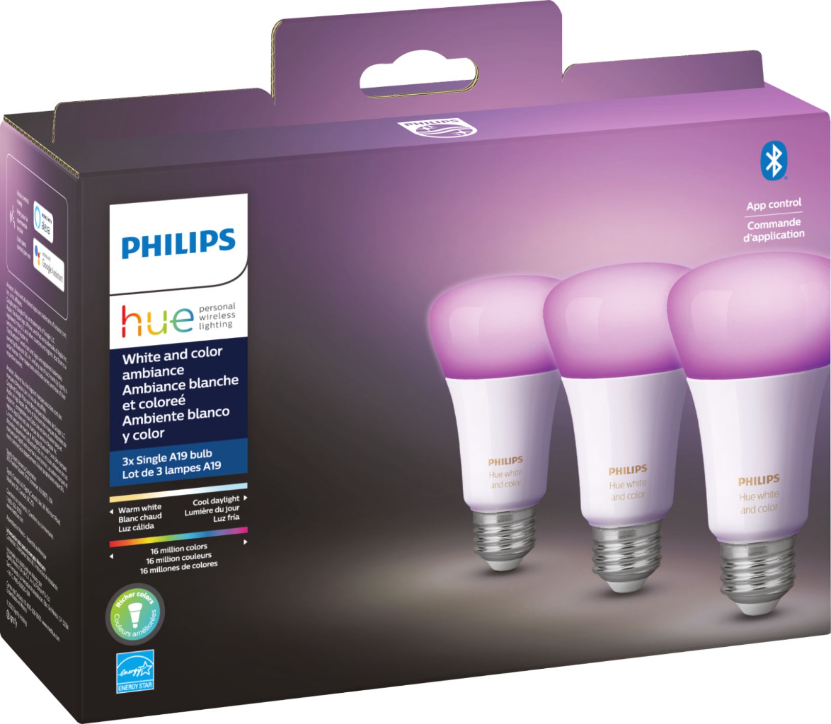 hond de jouwe George Eliot Philips Geek Squad Certified Refurbished Hue A19 Bluetooth LED Smart Bulbs  (3-Pack) White and Color Ambiance GSRF 562785 - Best Buy