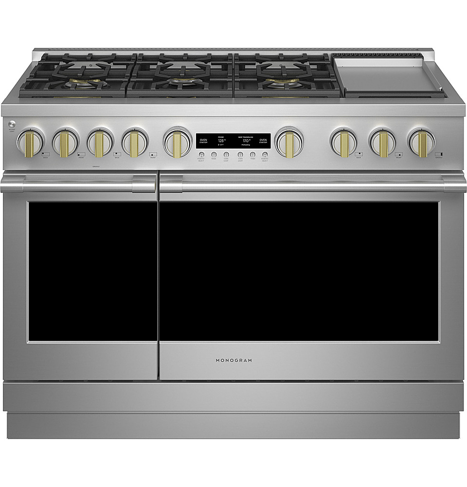 Angle View: Monogram - 8.25 Cu. Ft. Freestanding Double Oven Dual Fuel Convection Range with Self-Clean, Built-In Wi-fi, and 6 Burners - Stainless steel