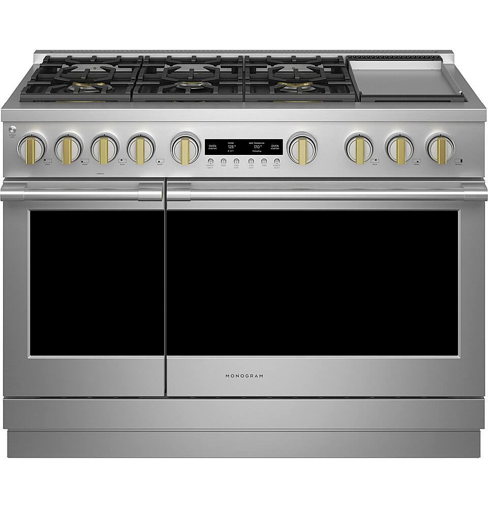 Angle. Monogram - 8.25 Cu. Ft. Freestanding Double Oven Dual Fuel Convection Range with Self-Clean, Built-In Wi-fi, and 6 Burners - Stainless Steel.