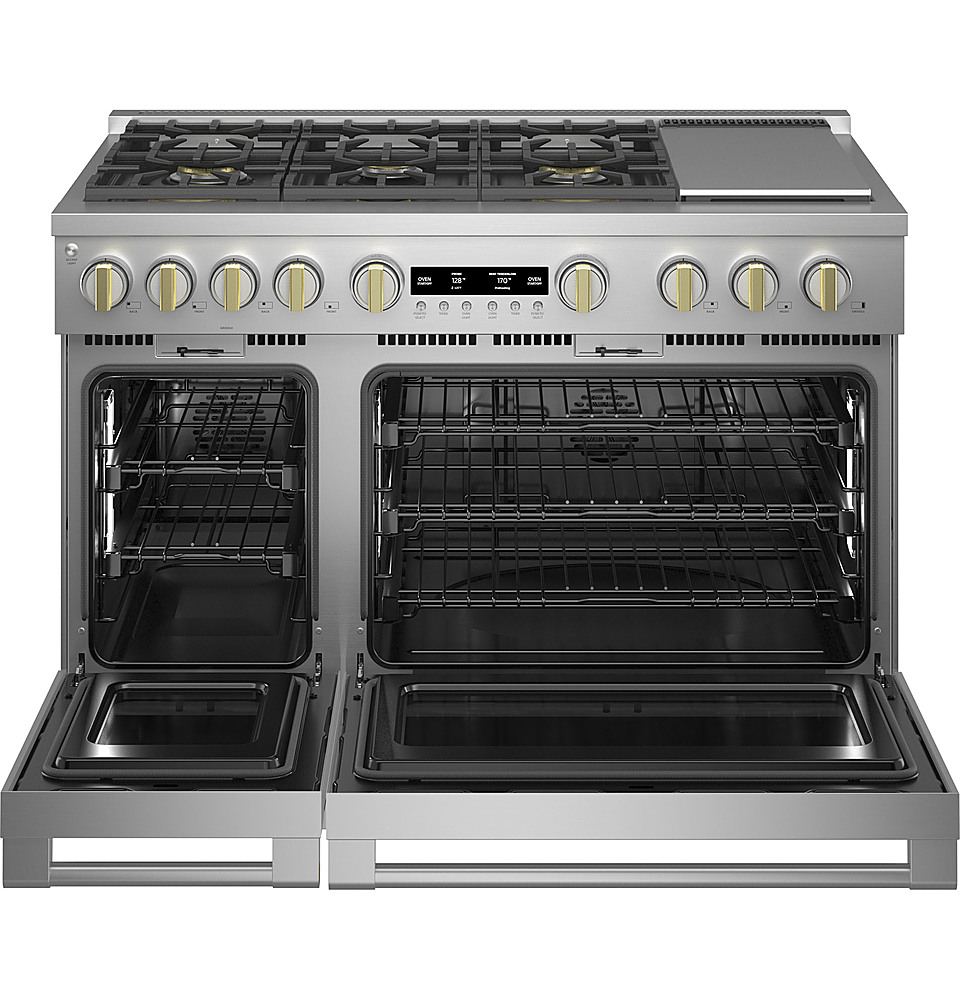 Left View: Monogram - 8.25 Cu. Ft. Freestanding Double Oven Dual Fuel Convection Range with Self-Clean, Built-In Wi-fi, and 6 Burners - Stainless steel