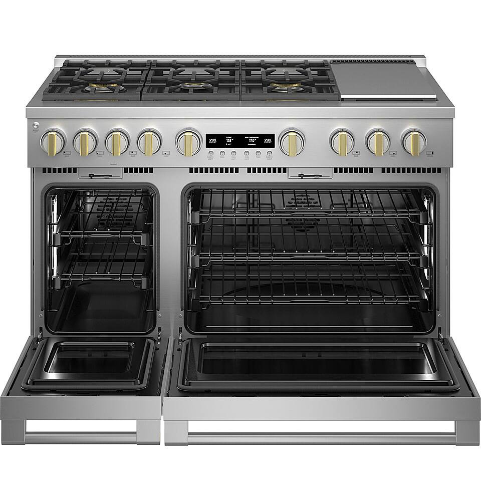 Left. Monogram - 8.25 Cu. Ft. Freestanding Double Oven Dual Fuel Convection Range with Self-Clean, Built-In Wi-fi, and 6 Burners - Stainless Steel.