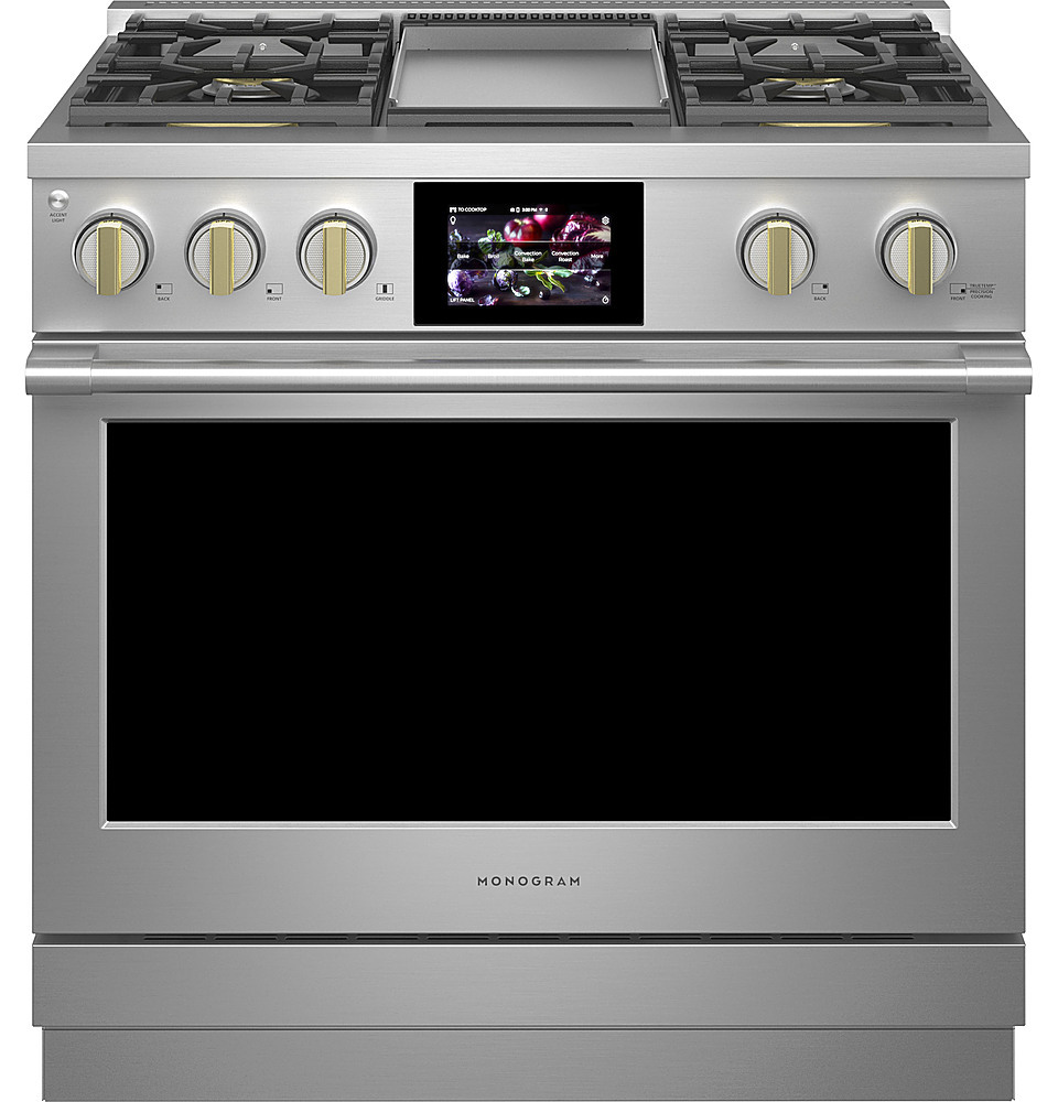Angle View: Monogram - 5.7 Cu. Ft. Freestanding Dual Fuel Convection Range with Self-Clean, Built-In Wi-Fi, and 6 Burners - Stainless steel