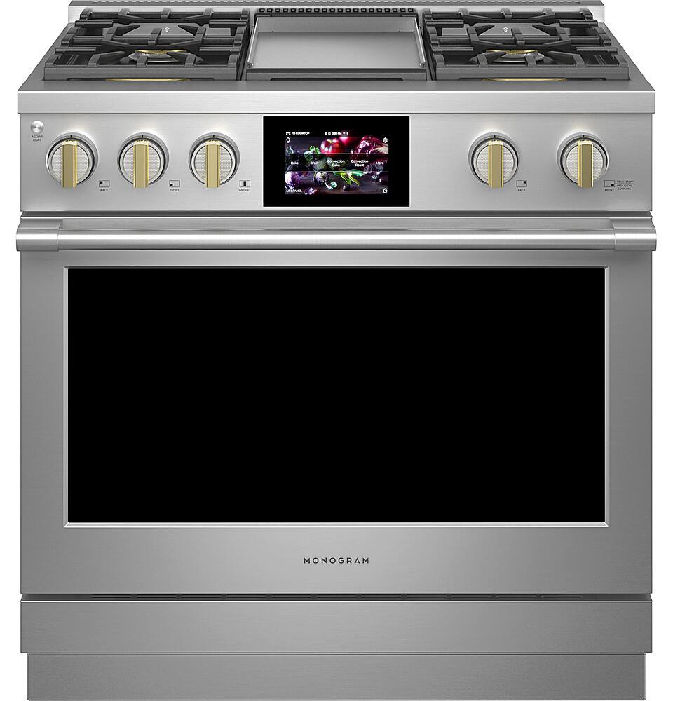 Angle. Monogram - 5.7 Cu. Ft. Freestanding Dual Fuel Convection Range with Self-Clean and 4 Burners - Stainless Steel.