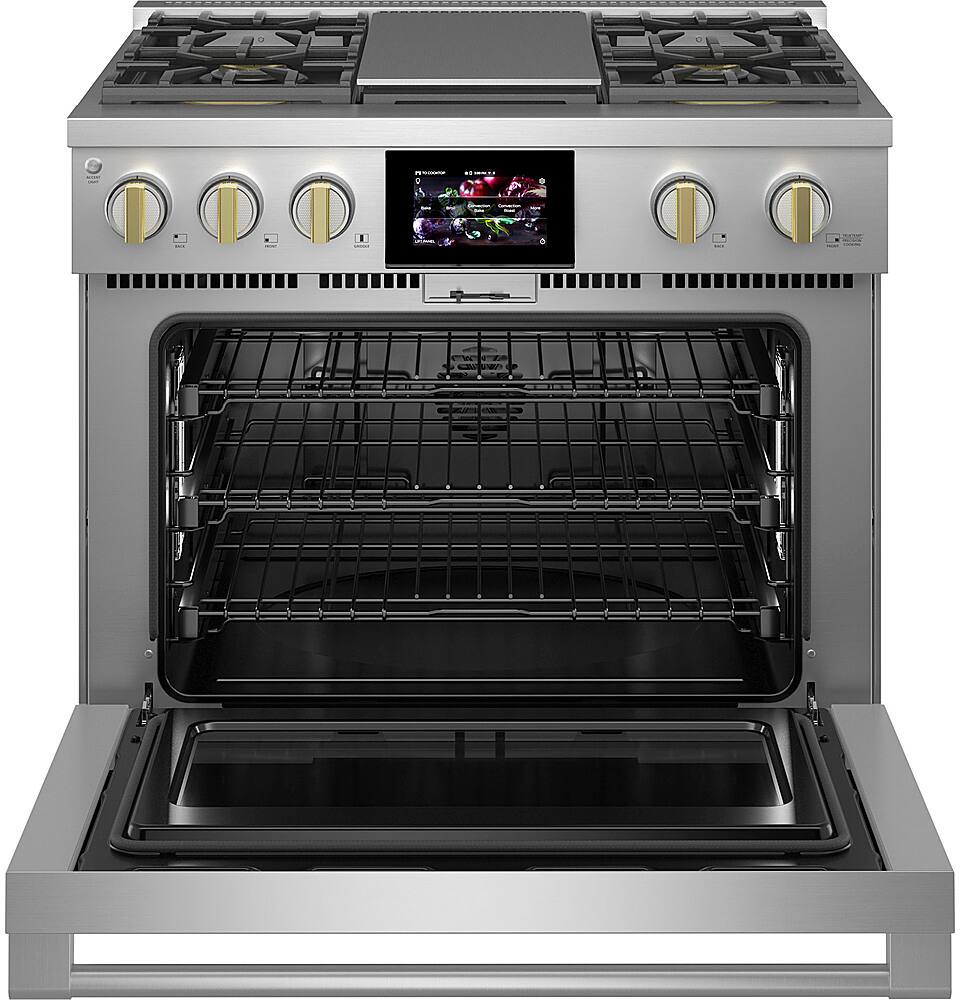 Left. Monogram - 5.7 Cu. Ft. Freestanding Dual Fuel Convection Range with Self-Clean and 4 Burners - Stainless Steel.