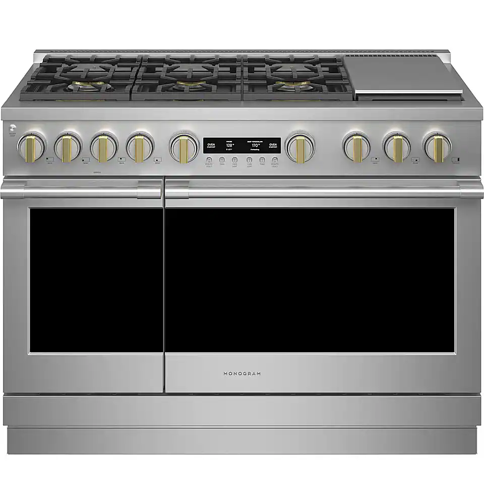 Monogram - 8.9 Cu. Ft. Freestanding Double Oven Gas Convection Range with Steam Cleaning and 6 Versatile Gas Burners - Stainless Steel