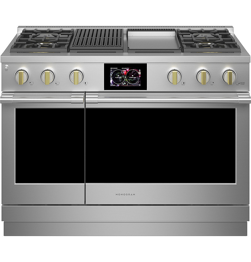 Angle View: Monogram - 8.25 Cu. Ft. Freestanding Double Oven Dual Fuel Convection Range with Self-Clean, Built-In Wi-Fi, and 4 Burners - Stainless steel