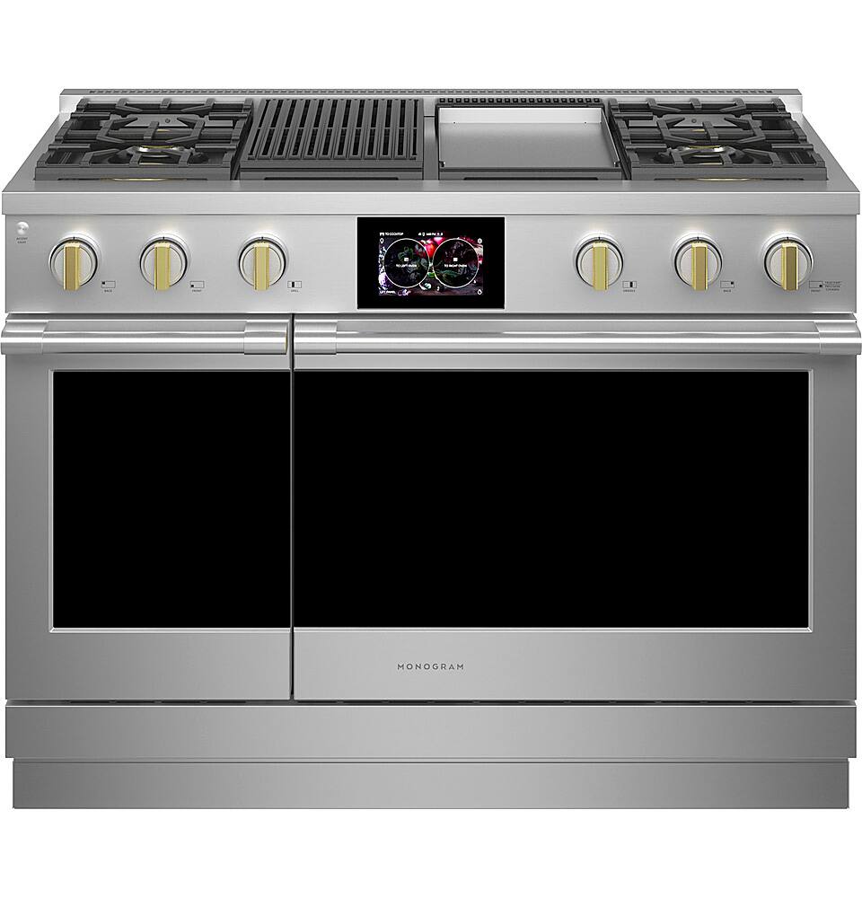 Angle. Monogram - 8.25 Cu. Ft. Freestanding Double Oven Dual Fuel Convection Range with Self-Clean, Built-In Wi-Fi, and 4 Burners - Stainless Steel.