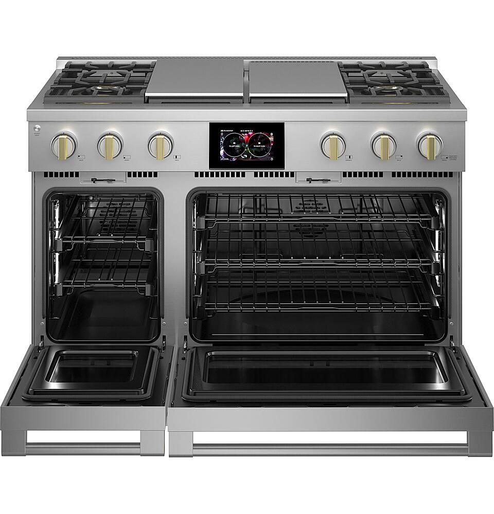 Left. Monogram - 8.25 Cu. Ft. Freestanding Double Oven Dual Fuel Convection Range with Self-Clean, Built-In Wi-Fi, and 4 Burners - Stainless Steel.