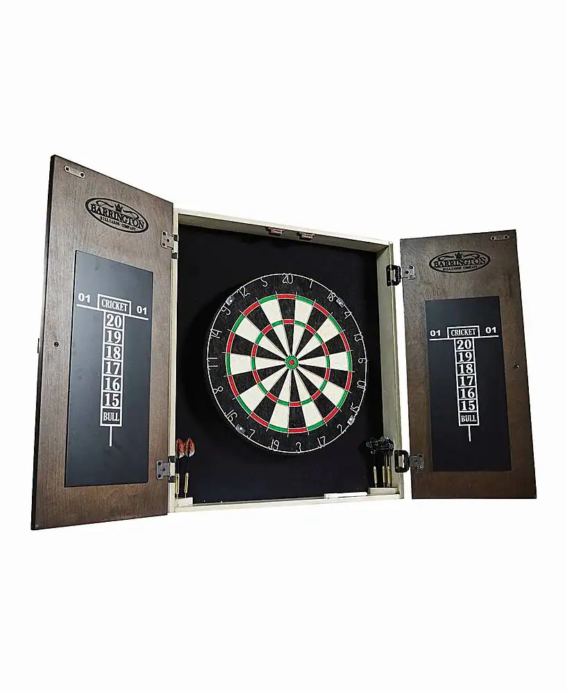 Barrington - Bellevue Wood Dartboard Cabinet With 18” Bristle Dartboard and Steel Tip Dart Set - Brown