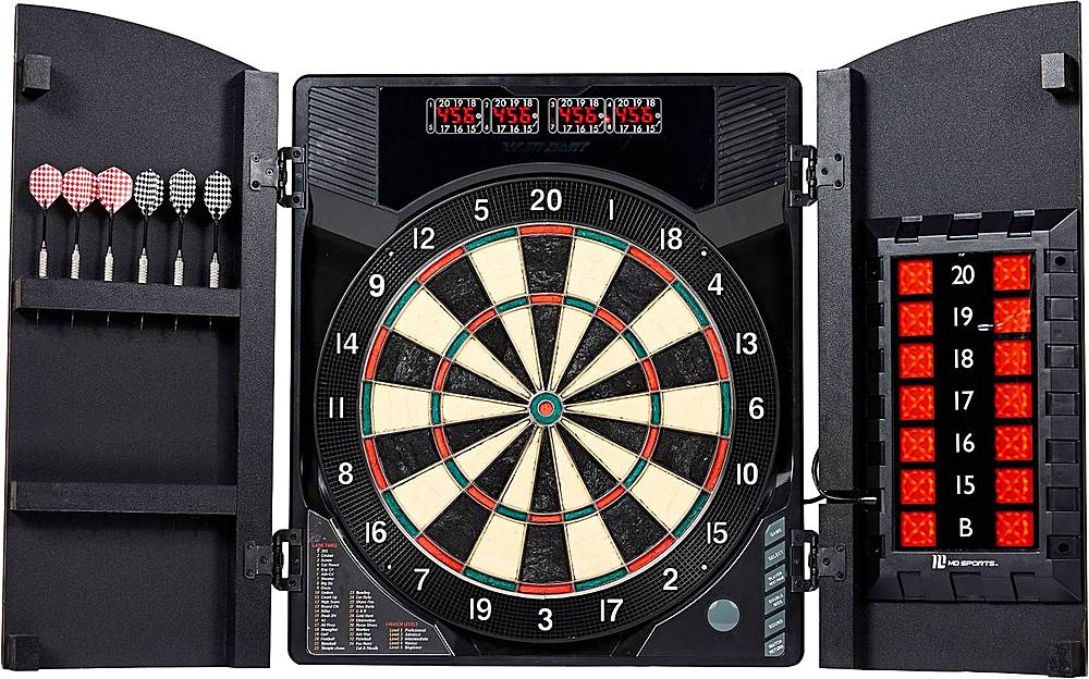 Front. MD Sports - Bristlesmart Smart Dartboard Cabinet With Digital X/O Cricket Scorekeeping and Steel Tip Dart Set - Brown/Black.