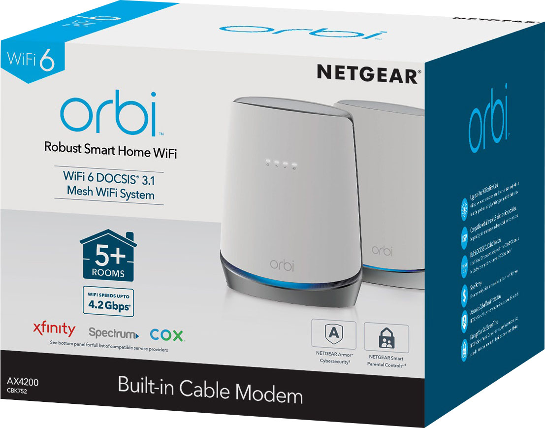 Netgear Wireless Networking - Netgear Orbi Tri-Band WiFi 6 Mesh Router with  Built-in Cable Modem CBR750-100NAS
