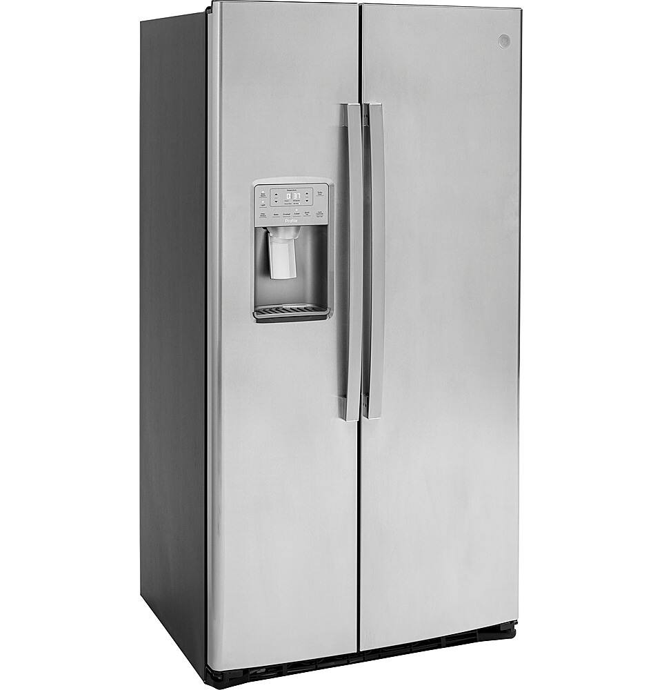 Left. GE Profile - 21.9 Cu. Ft. Side-by-Side Counter-Depth Refrigerator with LED Lighting - Stainless Steel.