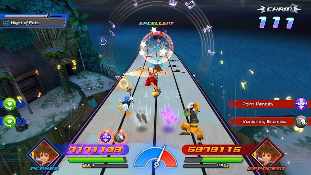 The image shows a video game with a group of characters on a long path. The game is set in a dark environment, and the characters are moving along the path. The game appears to be a racing game, as the characters are racing down the path. The game is being played on a Nintendo Wii console.