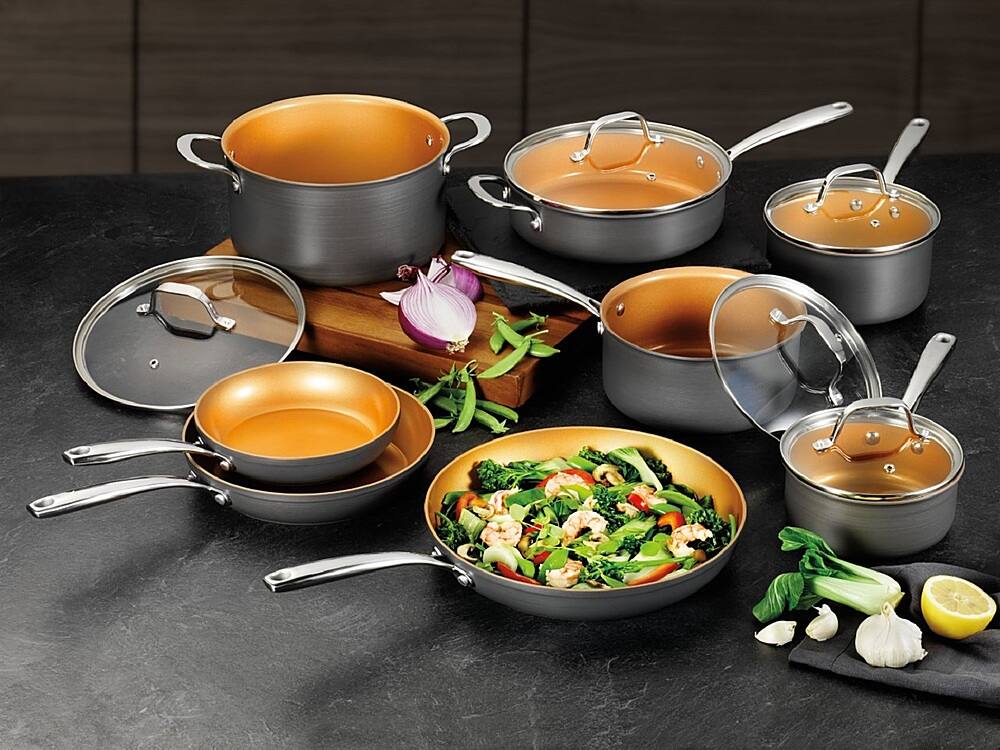 Left. Gotham Steel - Hard Anodized 13-Piece Cookware Set - Copper.