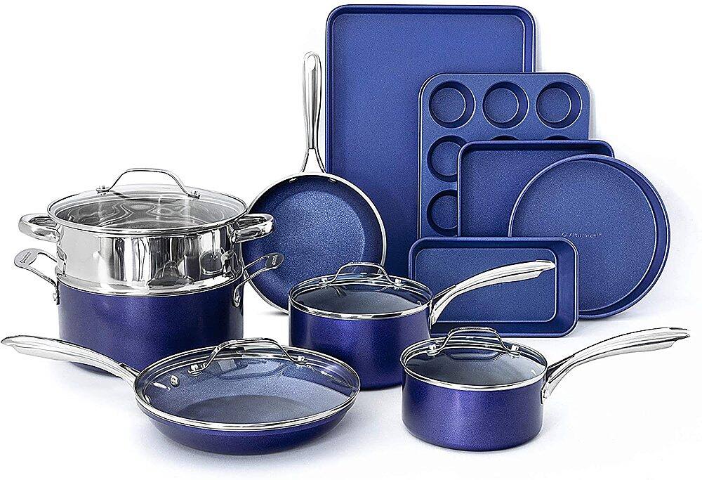 Angle. Granitestone - 15-Piece Non Stick Aluminum Cookware Set - Blue.