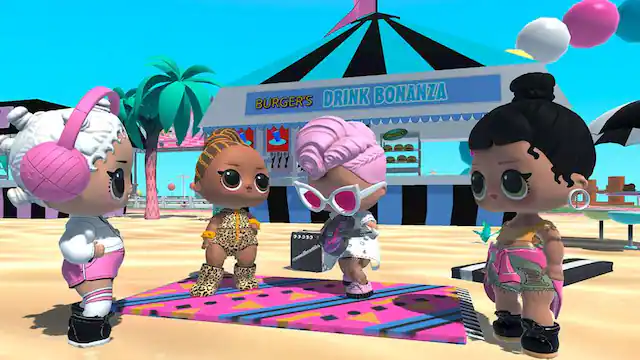 The image shows a group of four dolls standing on a beach, with one of them wearing a pink wig. They are positioned near a drink stand, which is part of a drink bonanza. The dolls are engaged in a conversation, possibly discussing the drink stand or the beach setting. - E (Everyone)
