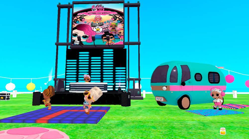 The image features a group of cartoon characters, including a dog, a cat, and a pig, gathered around a stage. There is a large sign in the background, and a blue truck is parked nearby. The scene appears to be a cartoon or a video game setting.