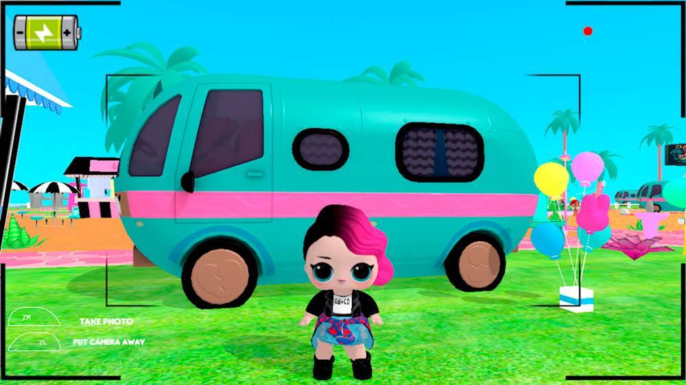 The image features a small girl standing in front of a blue and pink van. She is wearing a skirt and has pink hair. The van is parked in a grassy area with a few balloons nearby. The girl is holding a camera, possibly taking a photo of the scene.