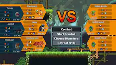 The largest text in the image reads "Vs Combat." The following text is cleaned up as follows:
Tengu LVI 40
Akhlut Manticorb LVI 40
Kame 1 2
VS Combat 2 1
Goblin Brute LVI 13
Goblin Hood LVI 40
Molebear LVI 40
Spectral Lion
Start Combat
Choose Monsters
Retreat (x18)
LVI 13
LVI 40
LVI 40
LvI 13