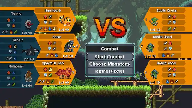 The largest text in the image reads "Vs Combat." The following text is cleaned up as follows:
Tengu LVI 40
Akhlut Manticorb LVI 40
Kame 1 2
VS Combat 2 1
Goblin Brute LVI 13
Goblin Hood LVI 40
Molebear LVI 40
Spectral Lion
Start Combat
Choose Monsters
Retreat (x18)
LVI 13
LVI 40
LVI 40
LvI 13 - E10+ (Everyone 10+)
