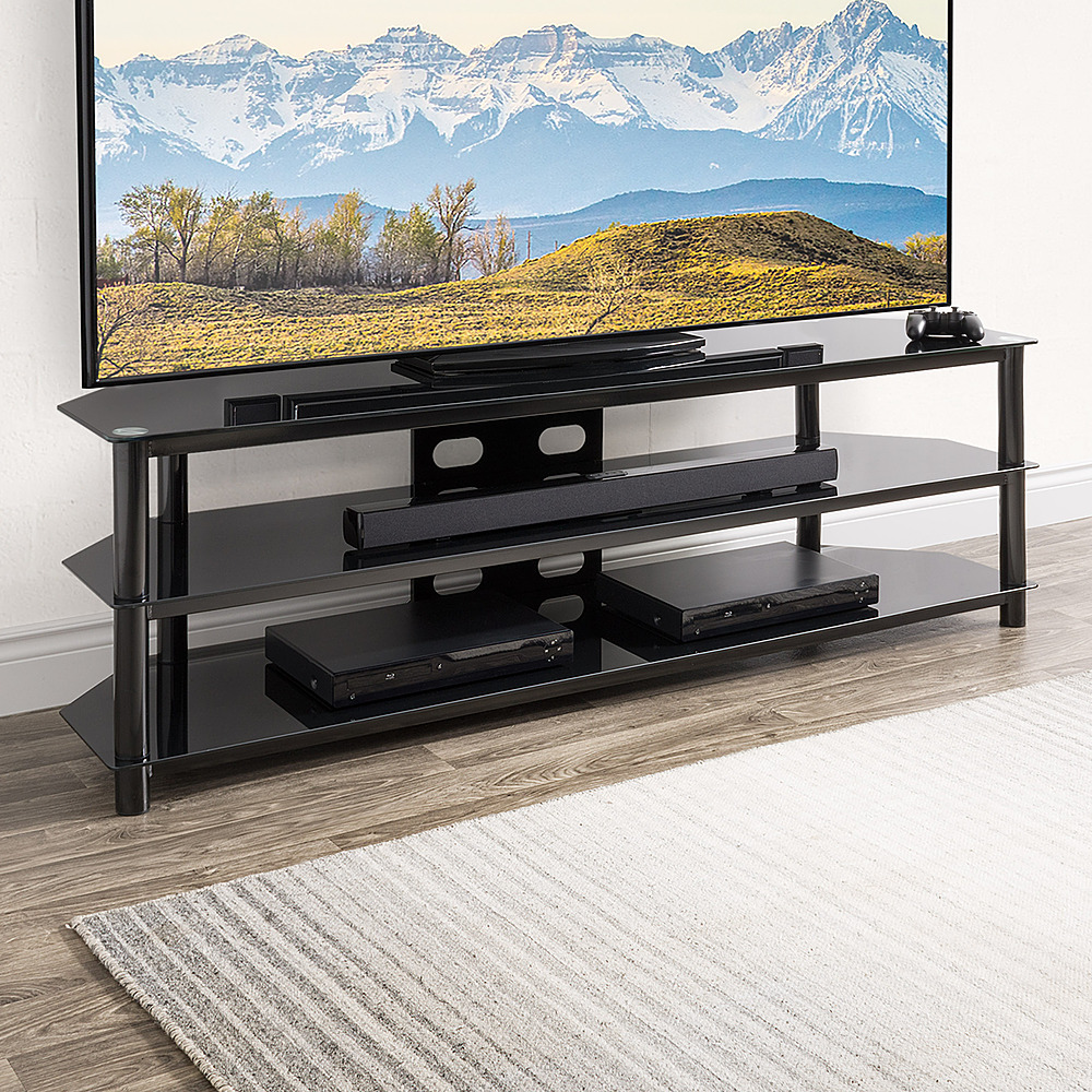 CorLiving - Black Gloss TV Bench with Open Shelves for TVs up to 85" - Black