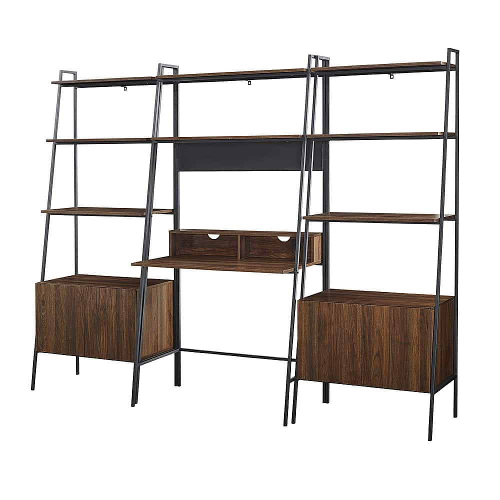 Angle View: Walker Edison - 3 Piece Metal & Wood Ladder Desk and Storage Shelves - Dark Walnut