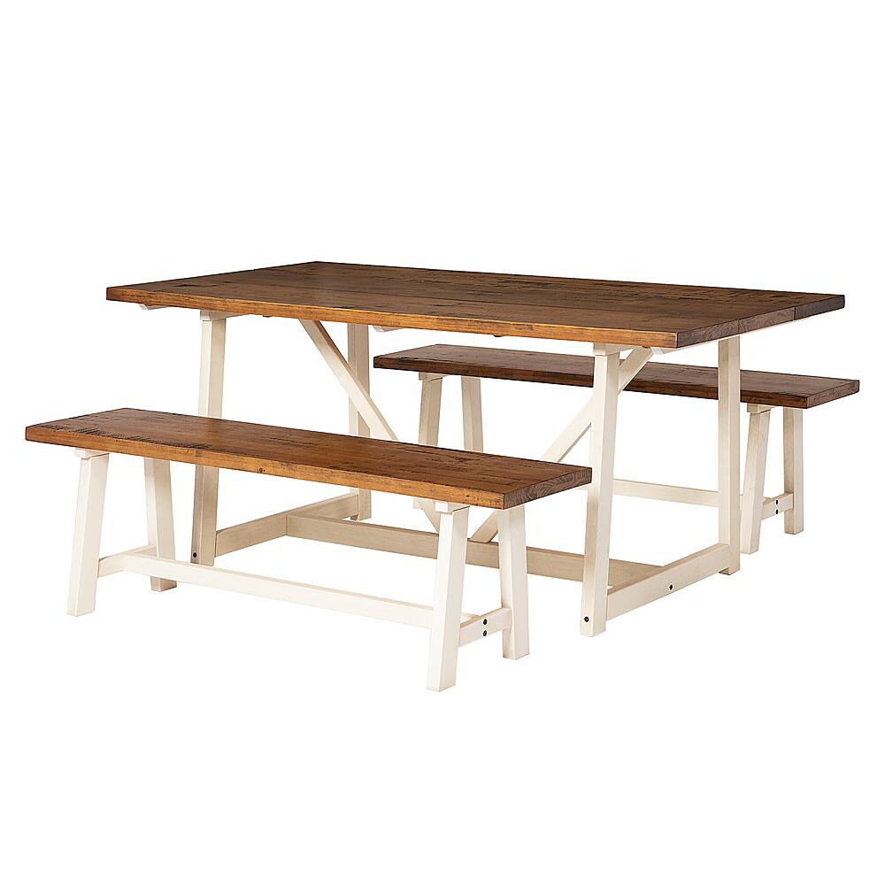 Left View: Walker Edison - Brennan Solid Wood 3 Piece Trestle Dining Group - Reclaimed Barnwood/White Wash