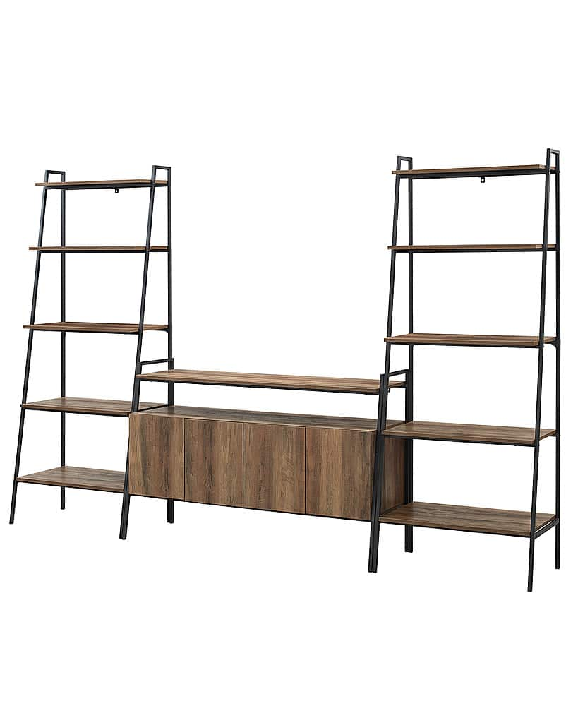 Left View: Walker Edison - 3-Piece Ladder Shelf Entertainment Wall - Rustic Oak