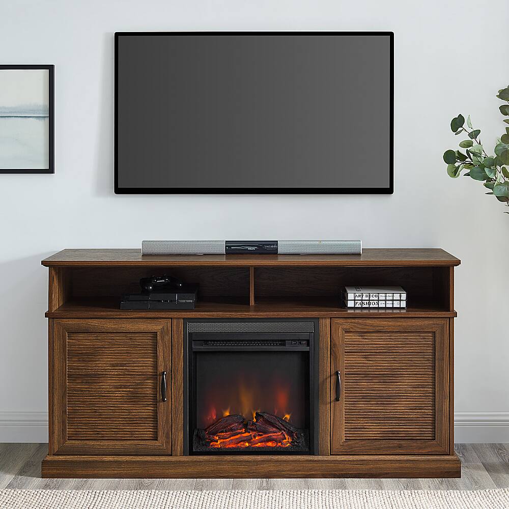 Walker Edison Traditional Fluted Door Tall Soundbar Storage Fireplace