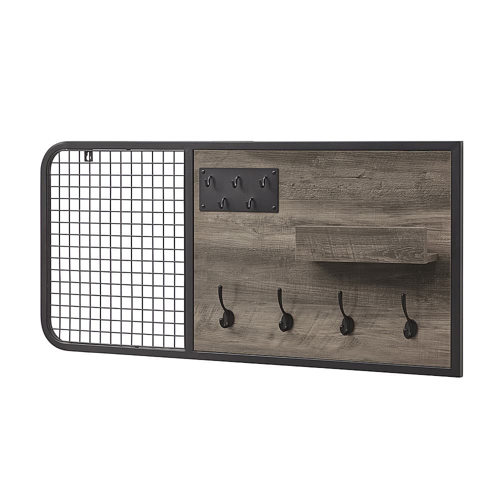 Left View: Walker Edison - Industrial Metal Mesh and Wood Wall Organizer - Grey Wash