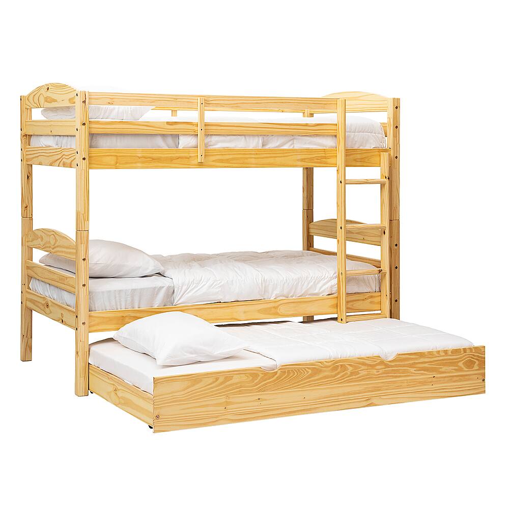 Left View: Walker Edison - Rustic Solid Wood Twin Over Twin Bunk with Trundle - Natural