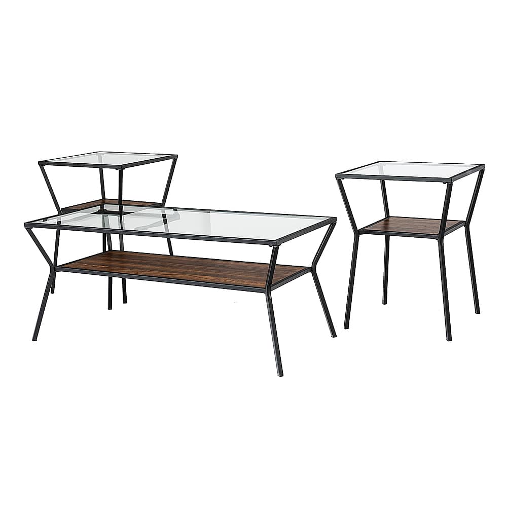 Left View: Walker Edison - 3-Piece Table Set - Modern Metal & Glass - Dark Walnut