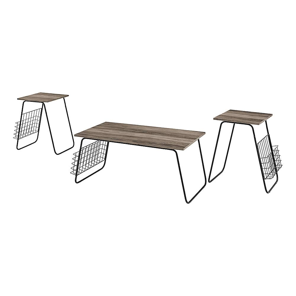 Left View: Walker Edison - 3-Piece Table Set - Modern with Metal Wire Rack - Grey Wash/Black