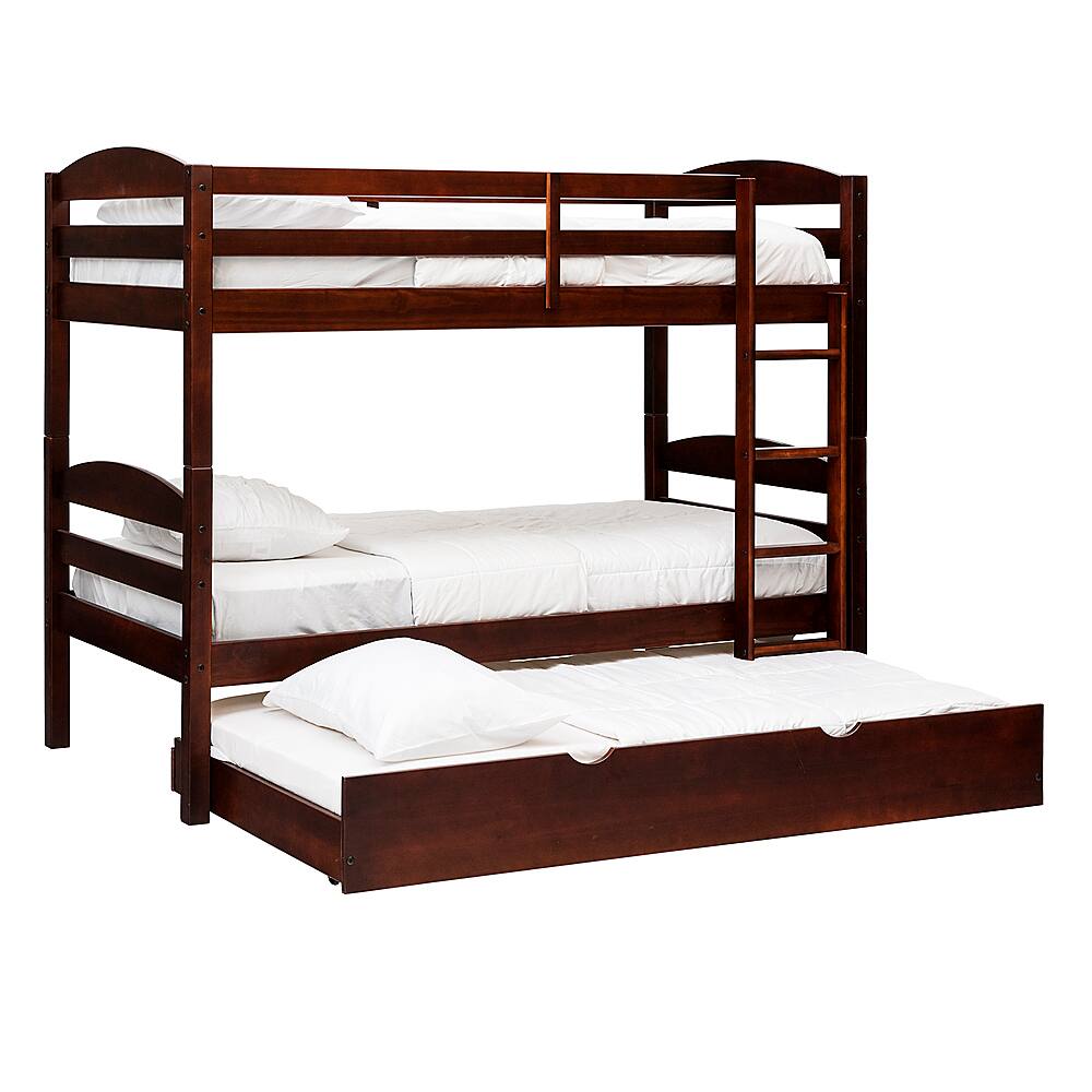 Left View: Walker Edison - Rustic Solid Wood Twin Over Twin Bunk with Trundle - Espresso