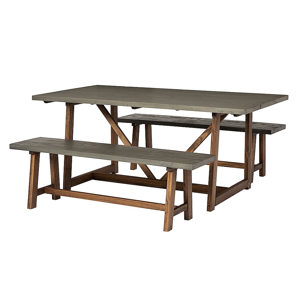 Left View: Walker Edison - Brennan Solid Wood 3 Piece Trestle Dining Group - Grey/Brown