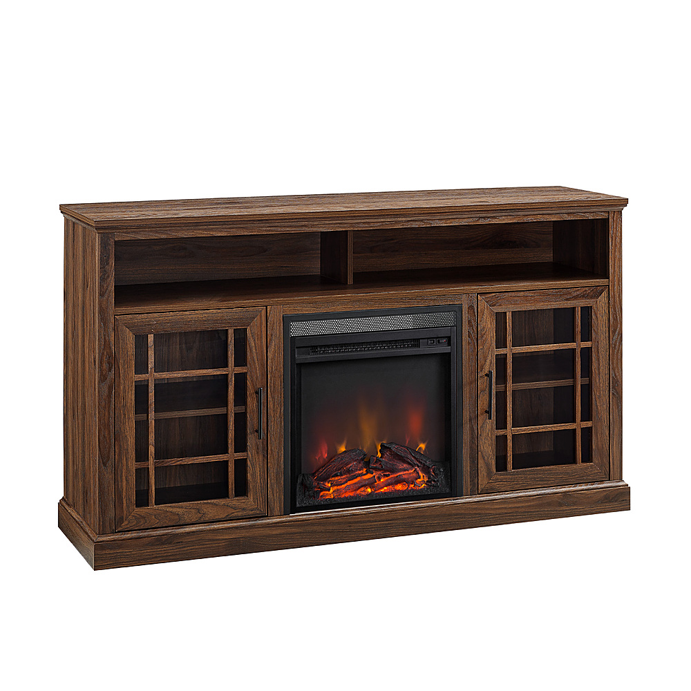 Angle View: Walker Edison - Traditional Tall Glass Two Door Soundbar Storage Fireplace TV Stand for Most TVs up to 65" - Dark Walnut