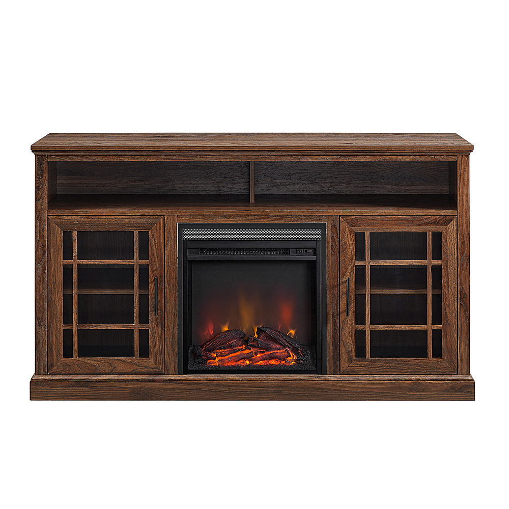 Left View: Walker Edison - Traditional Tall Glass Two Door Soundbar Storage Fireplace TV Stand for Most TVs up to 65" - Dark Walnut