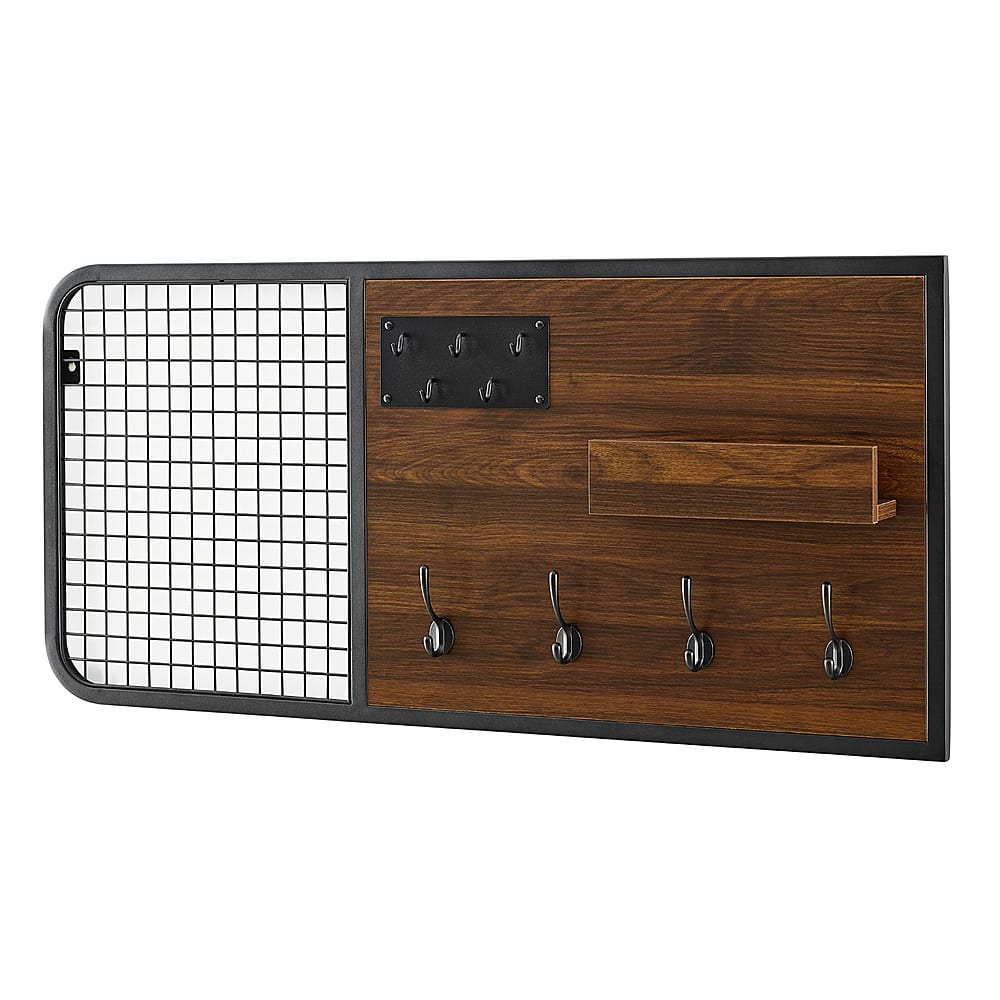 Left View: Walker Edison - Industrial Metal Mesh and Wood Wall Organizer - Dark Walnut