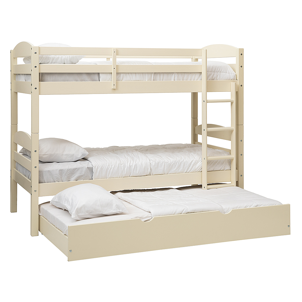 Left View: Walker Edison - Rustic Solid Wood Twin Over Twin Bunk with Trundle - White