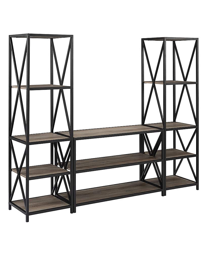 Left View: Walker Edison - 3-Piece Rustic Industrial Bookcase Set - Grey Wash