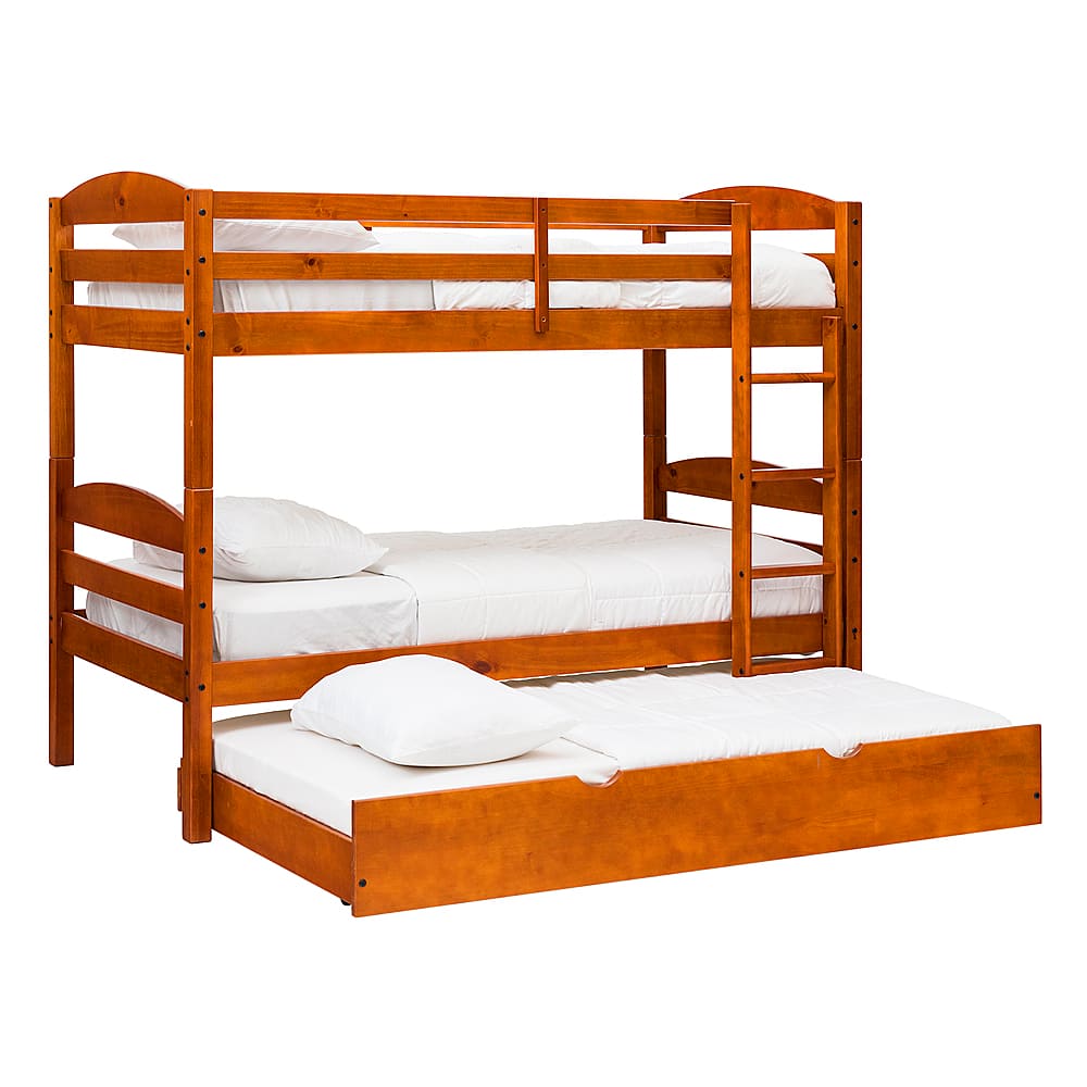 Angle View: Walker Edison - Rustic Solid Wood Twin Over Twin Bunk with Trundle - Cherry