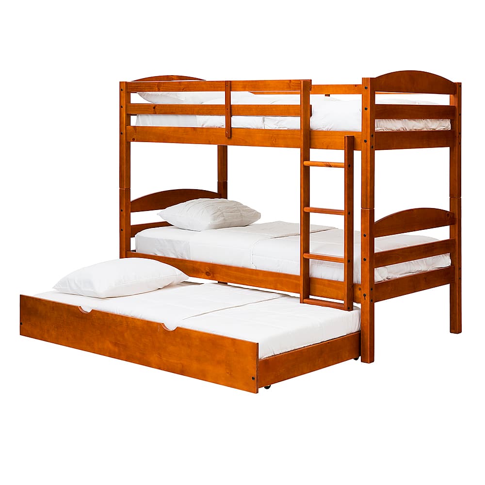 Left View: Walker Edison - Rustic Solid Wood Twin Over Twin Bunk with Trundle - Cherry